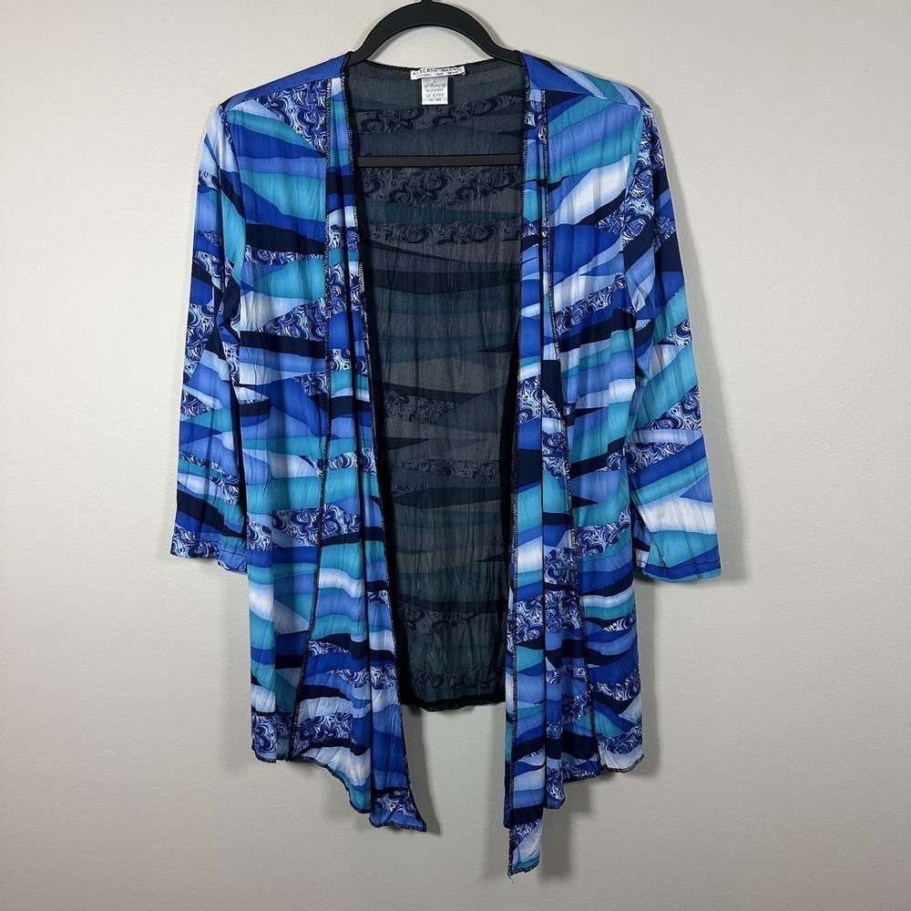 Alberto Makali Large Cardigan Blue 3/4 Sleeve Abstract Mesh Open Front Draped
